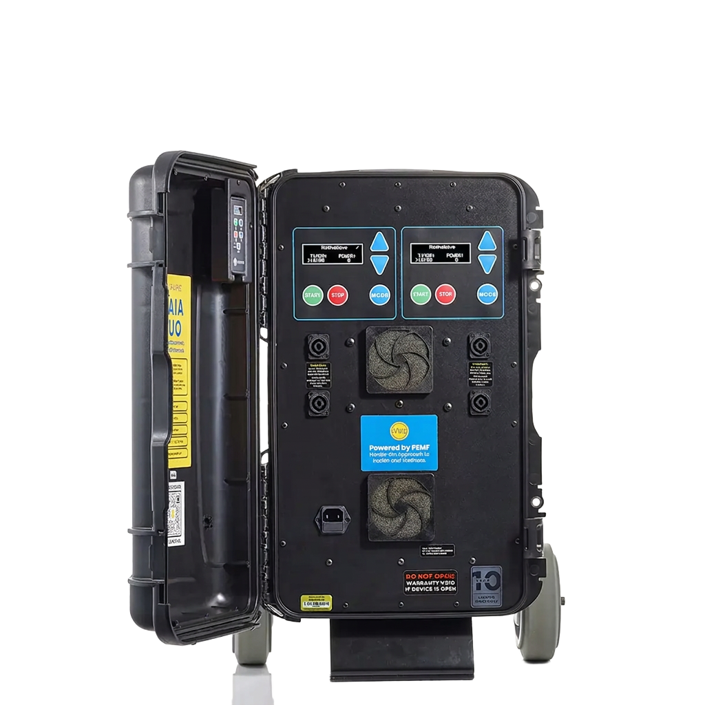 MagnaWave Maia Duo dual-system digital PEMF unit with two independent control panels in its case, shown in full on a plain background