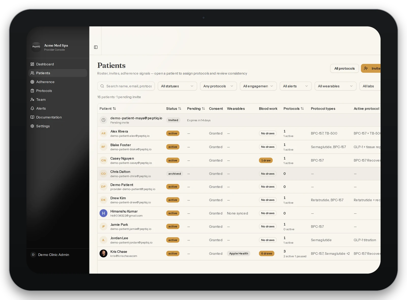 PeptIQ provider console on an iPad